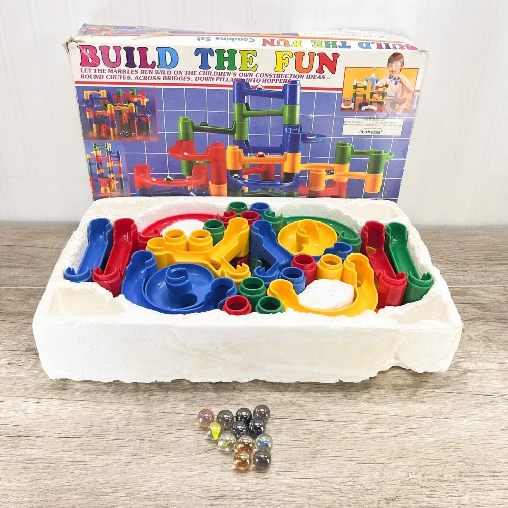 Vtg Lillian Vernon Marble Run Combine Set 48 pcs‎ + 12 marbles Toto Toys PM-808